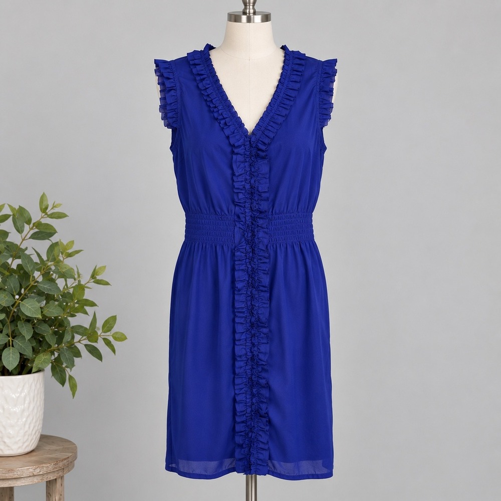 Theme Dress Royal Blue Ruffle Smocked Waist V-Neck Sleeveless Coquette Sz Small
